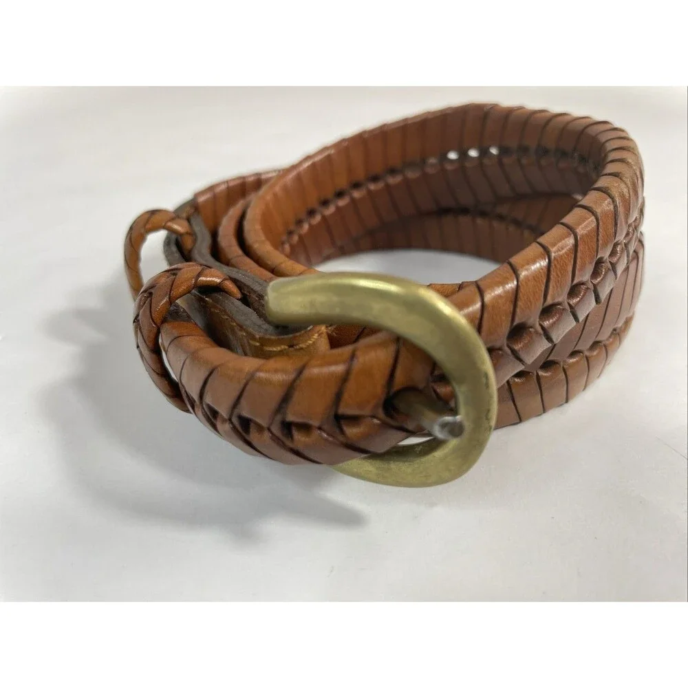 Tan Brown Braided Leather Belt Brass Buckle Women's Size 34 65106